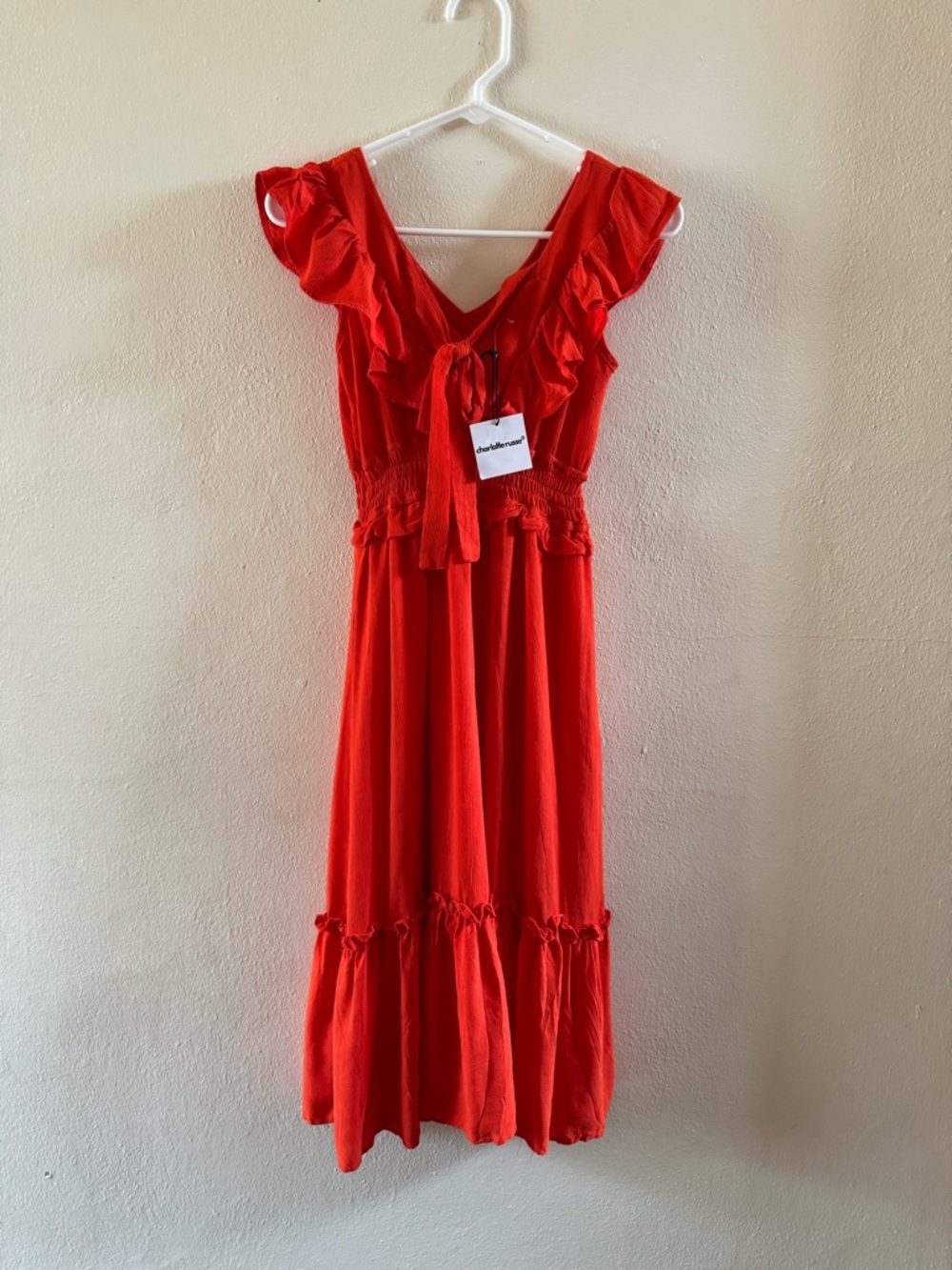 Charlotte Russe coral, reddish-orange Ruffle V-Neck Maxi Dress size M - Picture 3 of 14